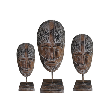 Handcrafted tribal wooden masks on stands in small, medium and large – brown wash and white-wash finishes | Azure Decor
