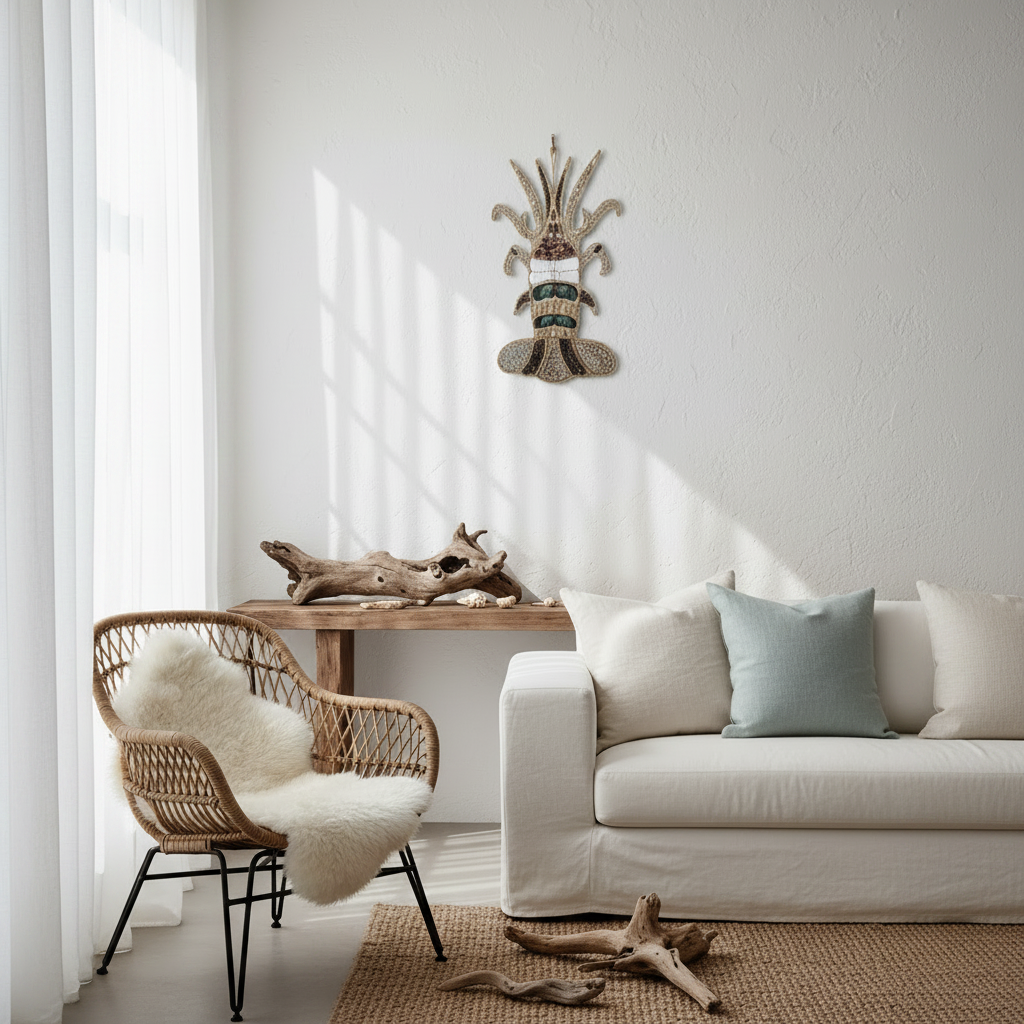 Tropical Lobster Shell Wall Decor — Handcrafted Natural Shell Art Handcrafted crayfish shell wall art styled on a white limewash wall in a coastal luxury interior with driftwood and rattan accents