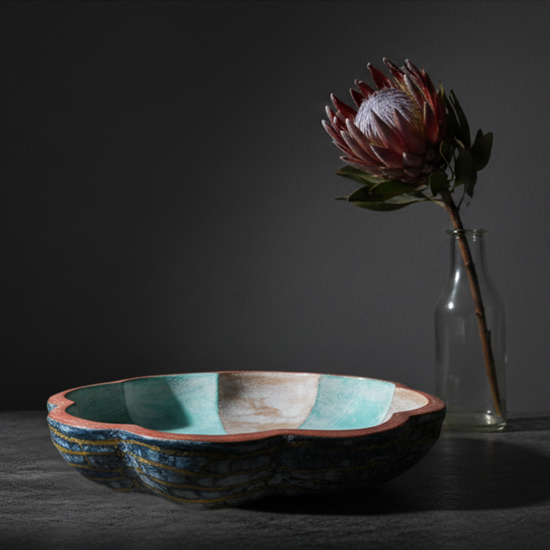 Scalloped bowl centrepiece on a dining table with protea flower