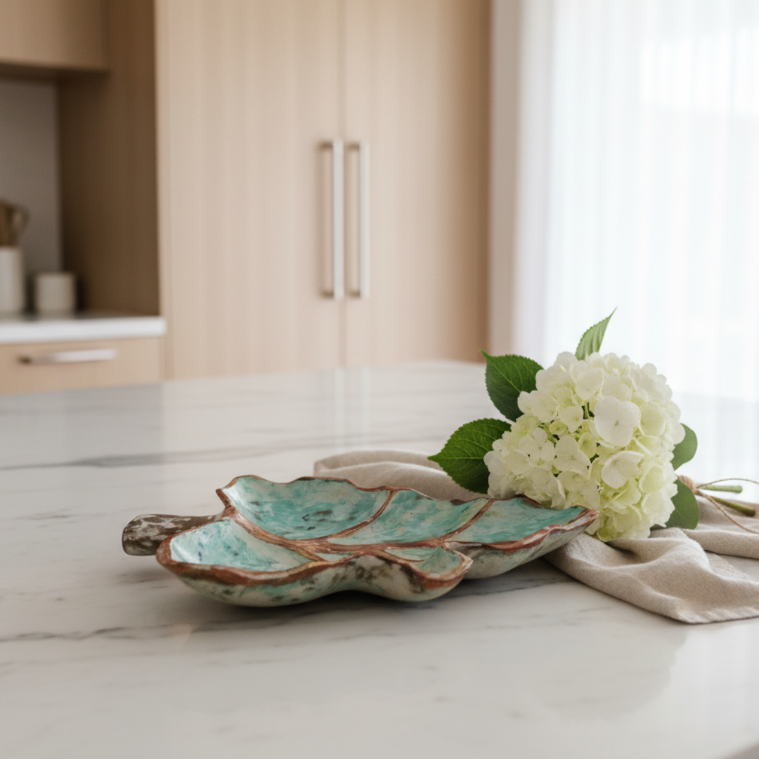 Handcrafted leaf dish styled on a marble benchtop with white hydrangeas