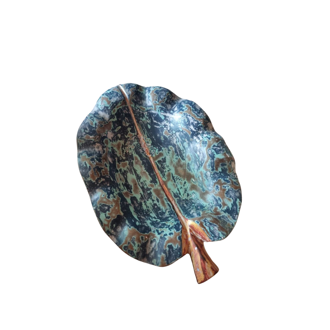 Handcrafted solid teak wood leaf tray with green, blue and brown marbled finish (40x38x7cm) 