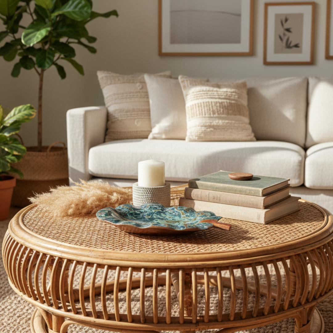 Tropical Teak Leaf Tray with green, blue and brown marbled finish styled on a rattan coffee table in a bohemian coastal living room with pampas grass and pillar candle