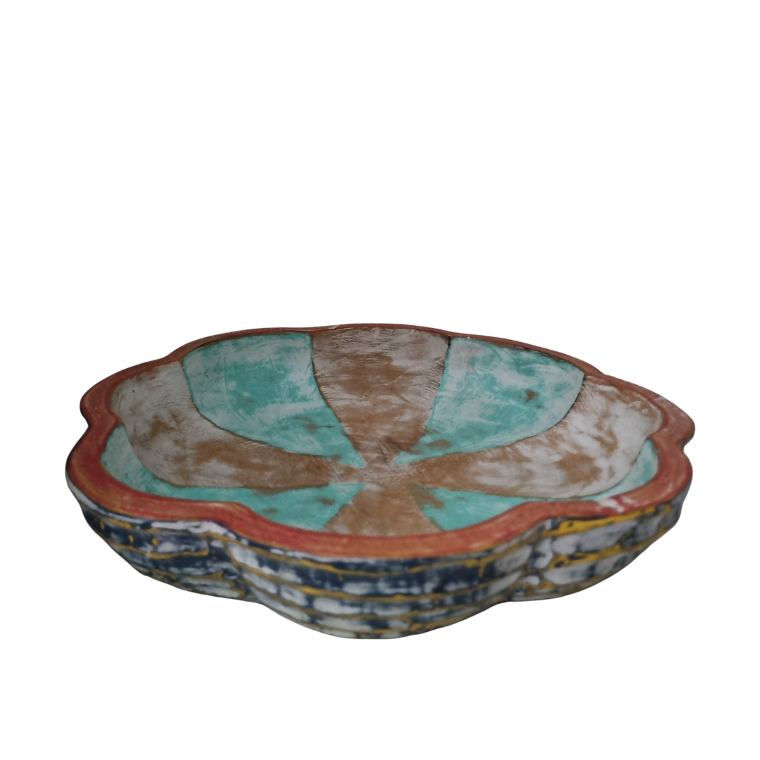 Handcrafted solid teak wood scalloped bowl with alternating turquoise and brown interior, red rim and textured blue and yellow exterior (30x30x6cm) 