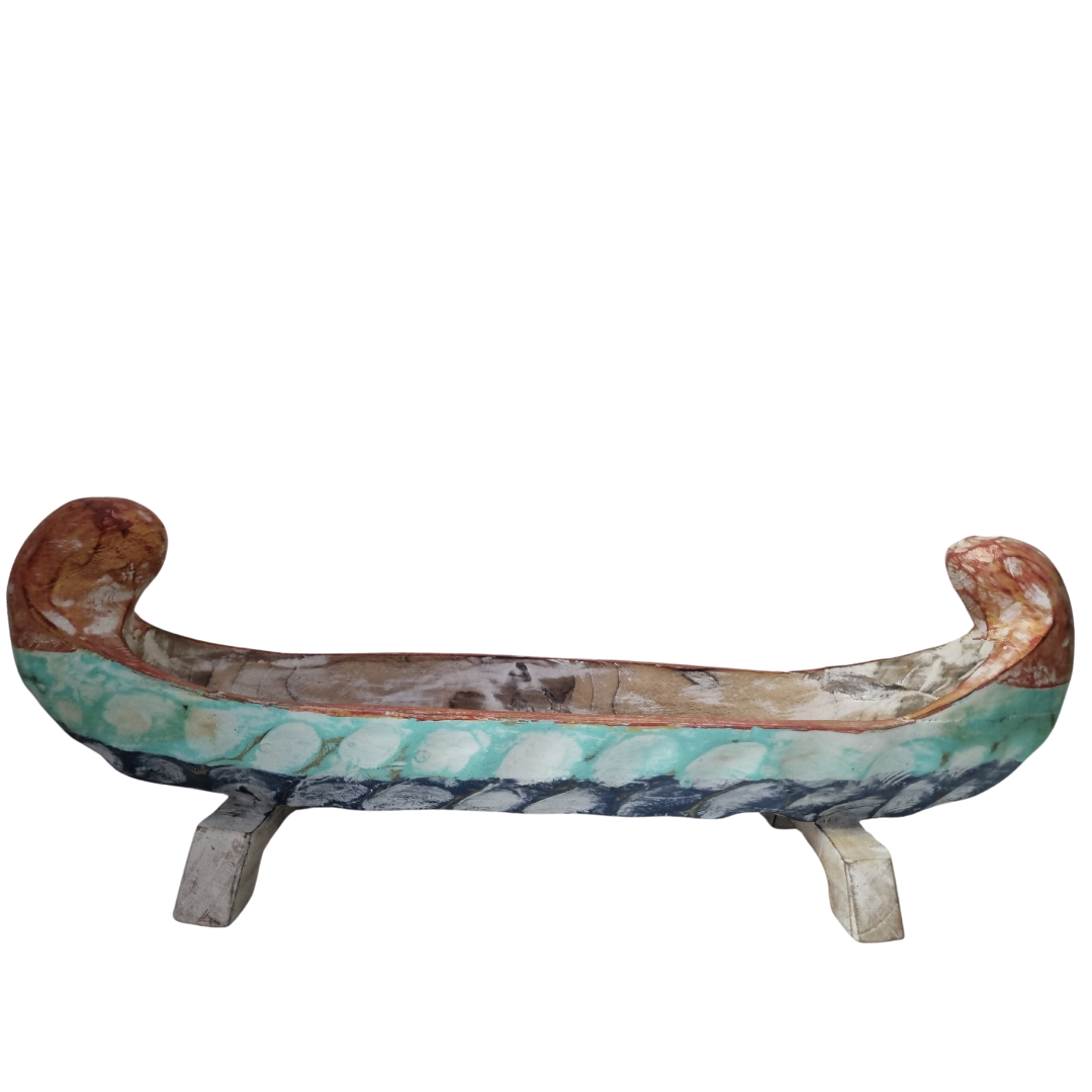 Handcrafted solid wood canoe-shaped bowl with turquoise, brown and white finish elevated on two rectangular legs (52x15.5x18cm) — Tropical Teak Canoe Bowl