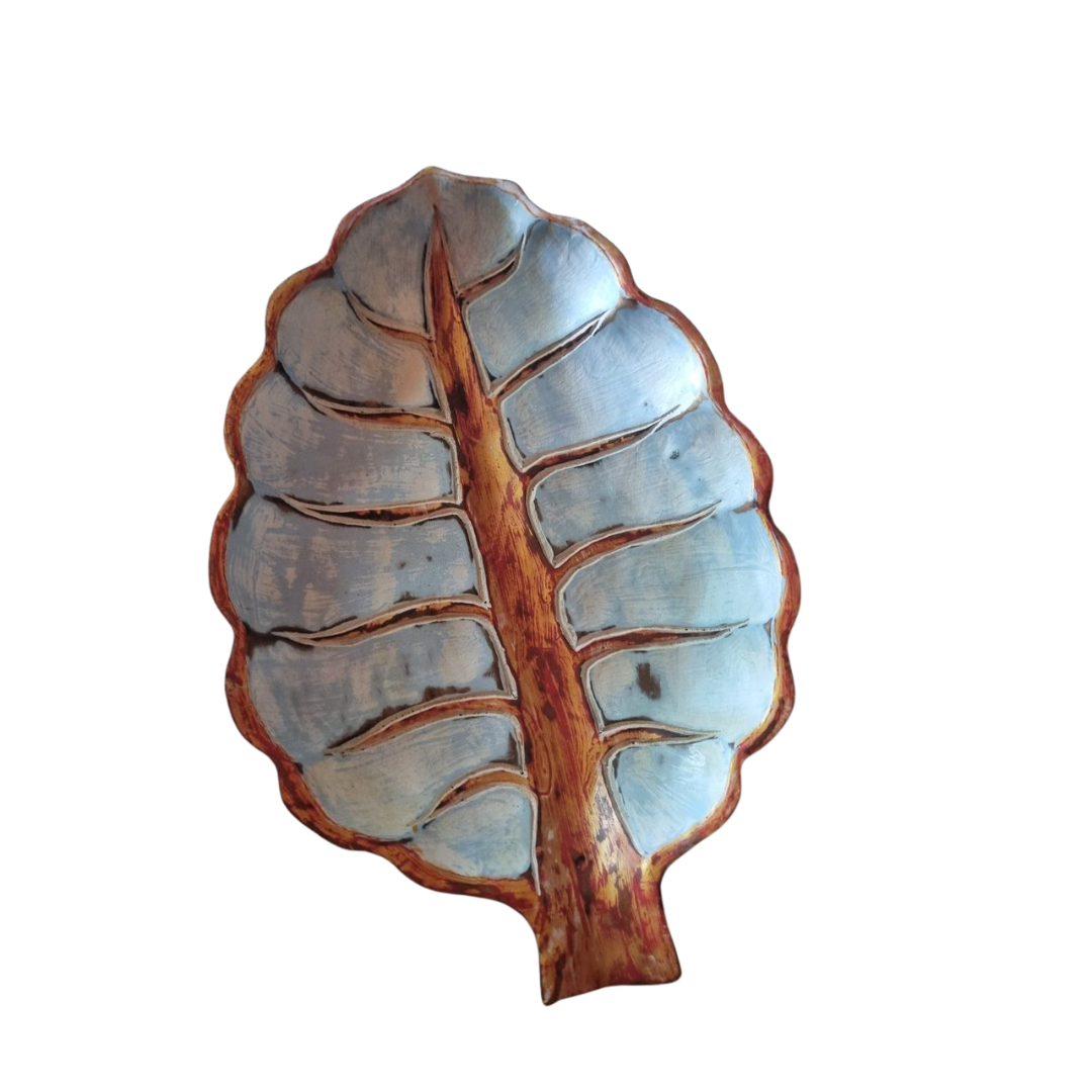 Handcrafted solid teak wood leaf-shaped dish with blue-grey turquoise sections and brown vein and edge detail (40x26x5cm) — Tropical  Turquoise Dish 