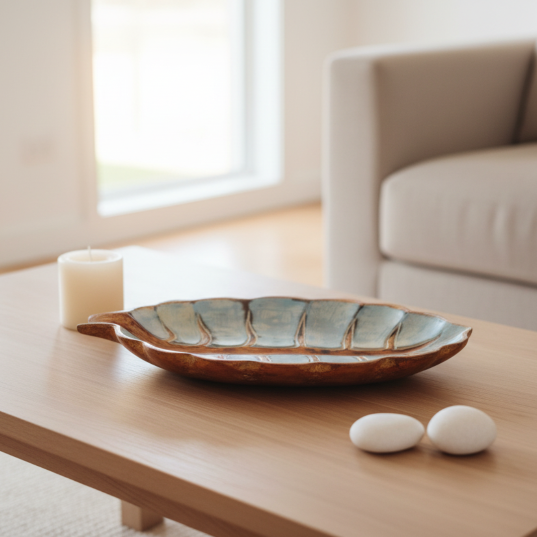Tropical Teak Turquoise Dish — flat leaf-shaped teak wood dish with blue-grey turquoise sections and brown carved vein detail styled on a light oak coffee table in a bright coastal Australian living room with white candle and pebble