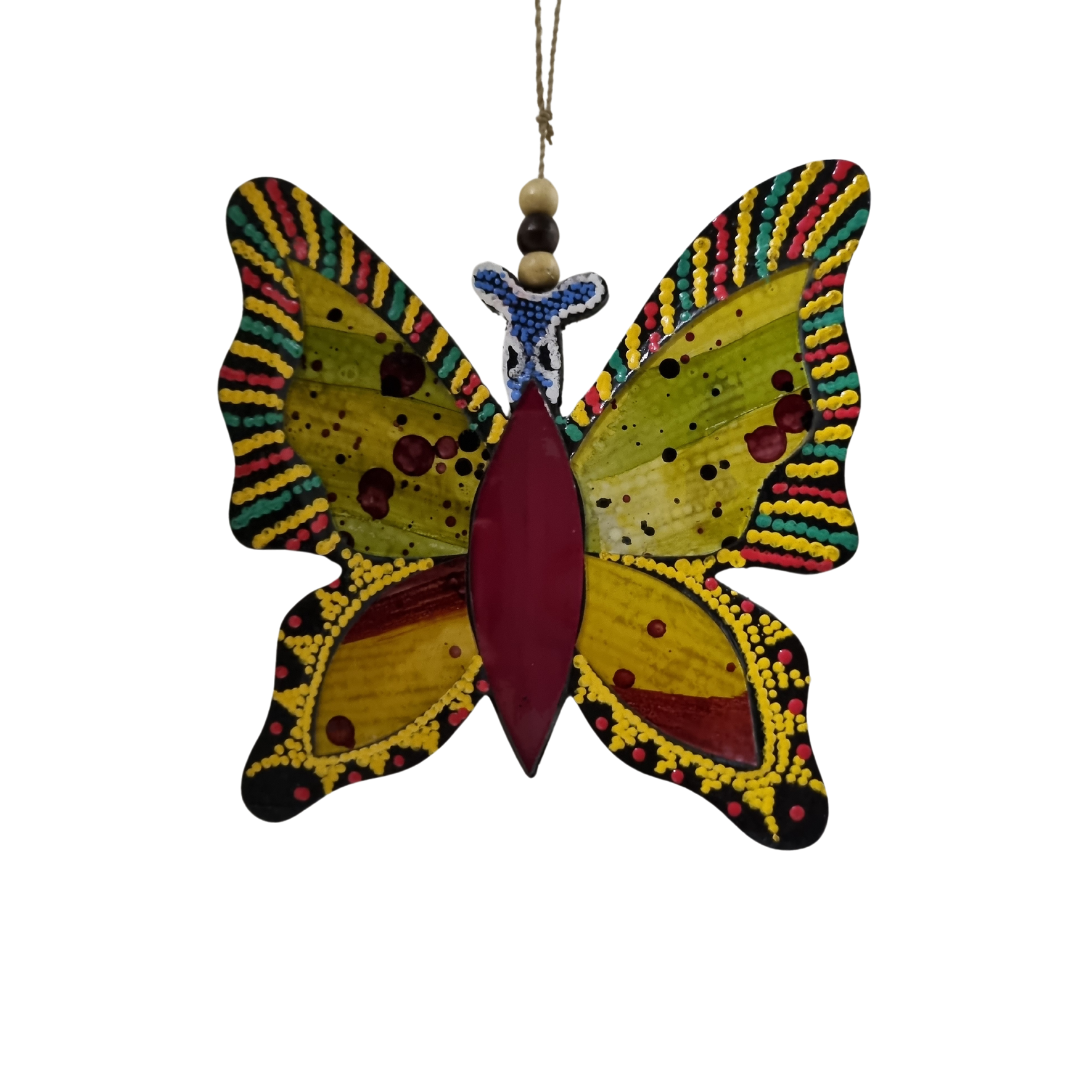 A hanging mosaic tile mobile featuring turtle, gecko, and butterfly designs in a colorful pattern.