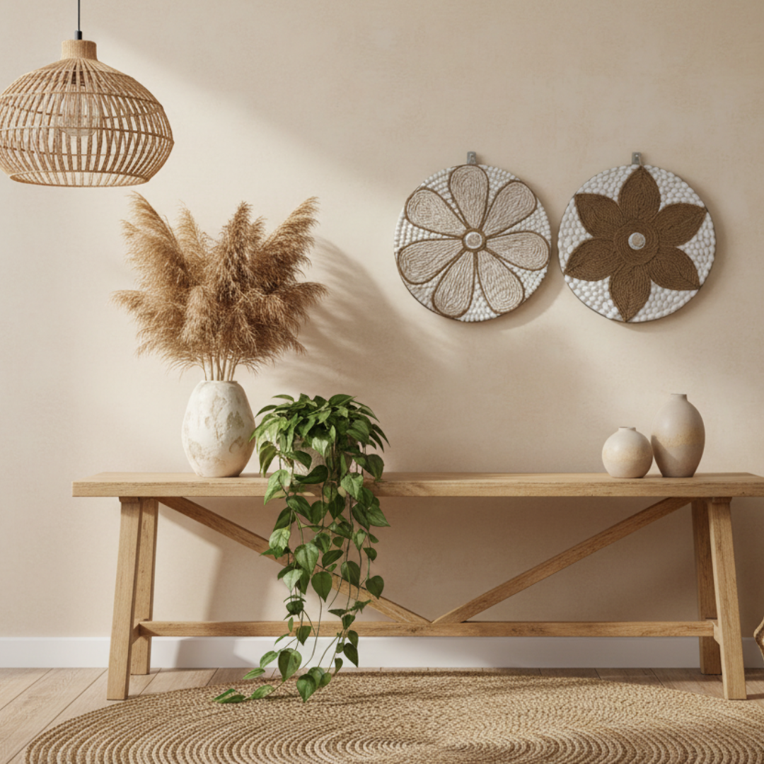 Two round jute and shell flower wall hangings displayed side by side on a warm limewashed wall in a coastal boho living room, styled above a timber console with pampas grass, ceramic vases and a trailing pothos, with a round jute rug and woven basket below