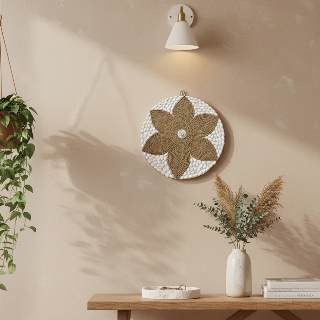 Round seagrass star flower wall hanging with a shell centre displayed above a timber console in a coastal boho hallway, styled with a ceramic key tray, a vase of dried grasses and eucalyptus, a woven basket and a trailing pothos.