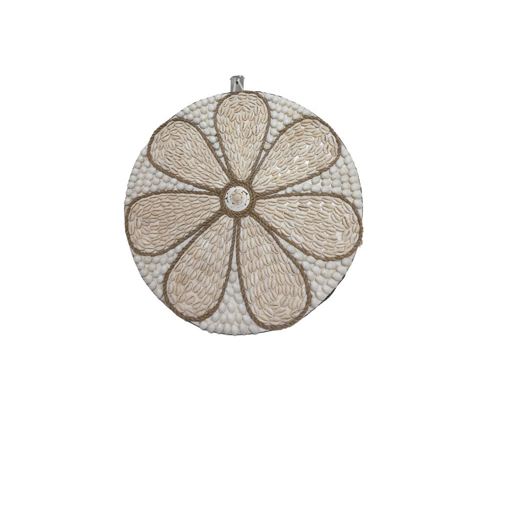 round wall decorations, one with a beige and white floral and white geometric pattern, both featuring a central shell accent.