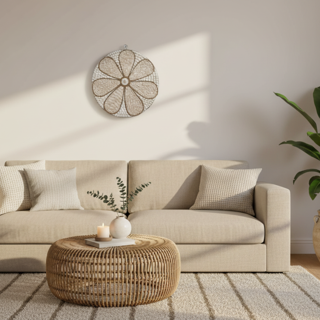 Round shell and jute wall art piece with a daisy flower pattern hung above a cream linen sofa, rattan coffee table with a candle and small vase, and a tropical plant in the corner.