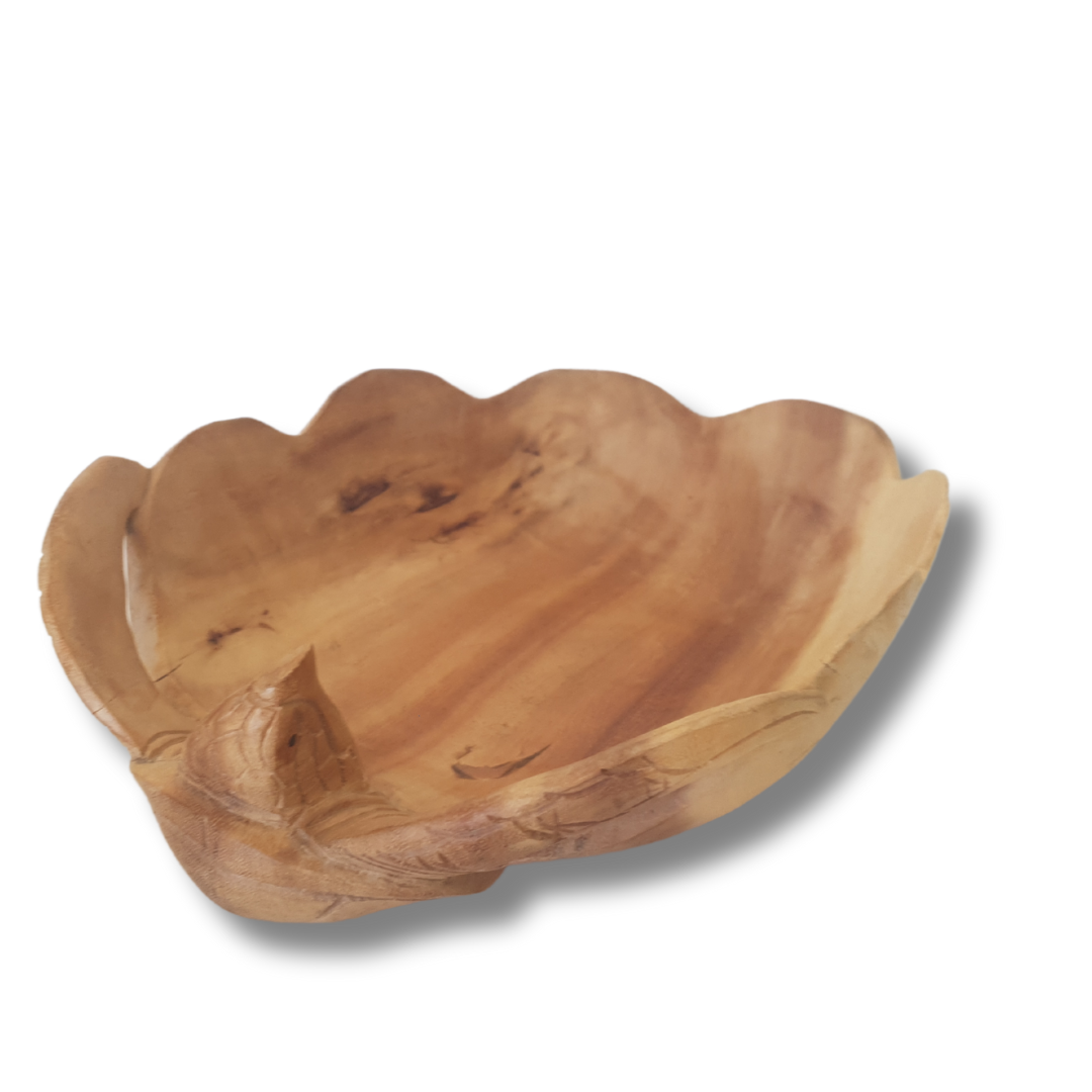 with organic scalloped rim and natural wood grain texture, viewed from above on a white background