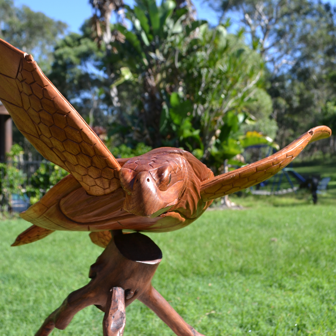Turtle Sculpture Wooden Carving Br own