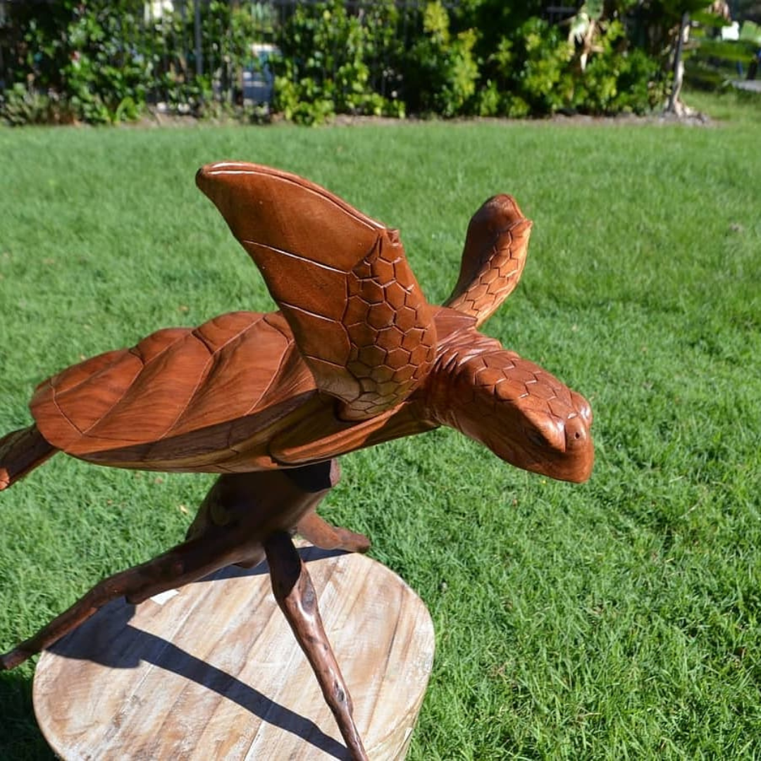 Turtle Sculpture Wooden Carving Br own