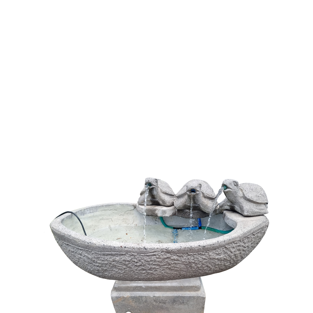 Decorative stone bowl with water feature on a white background