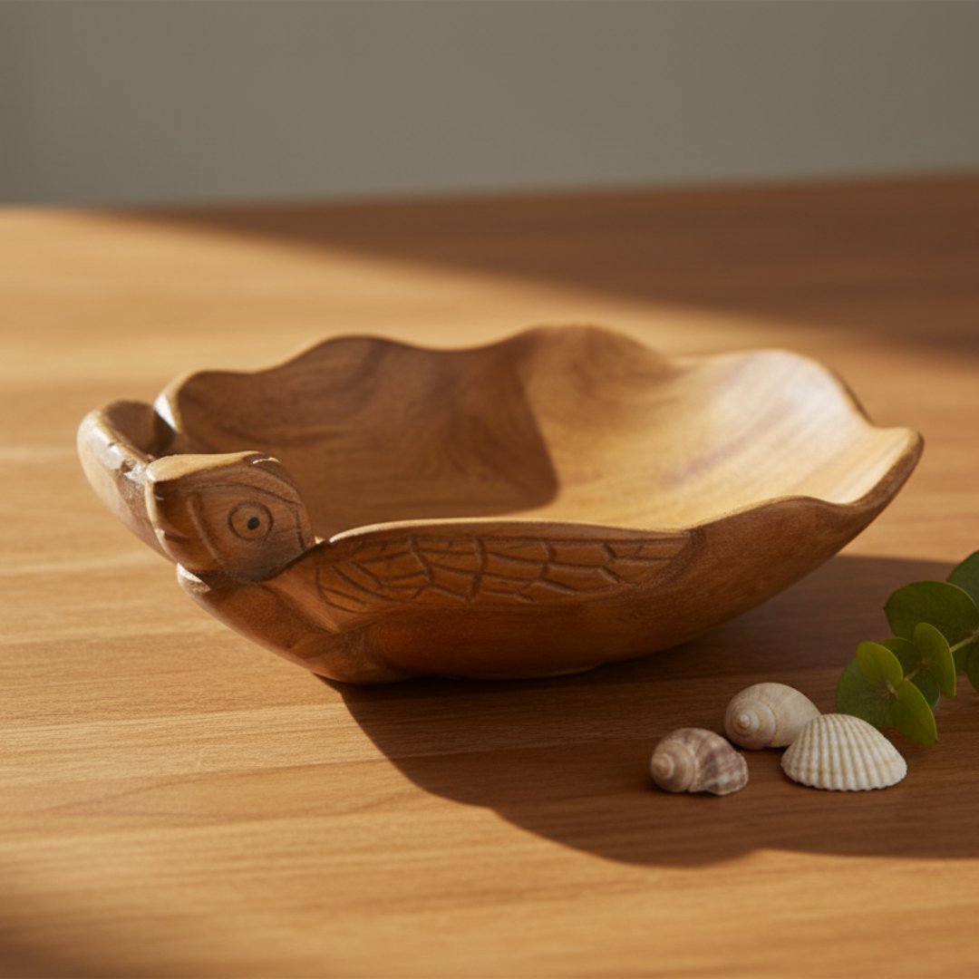 Small Turtle Carved Wooden Bowl styled on a natural timber tabletop with shells and coastal greenery