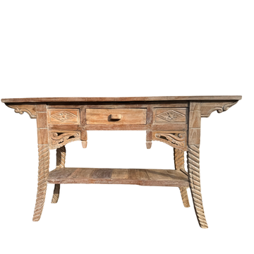 Ubud reclaimed teak console table - front view showing Balinese artisan carved panels, drawers and twisted rope legs