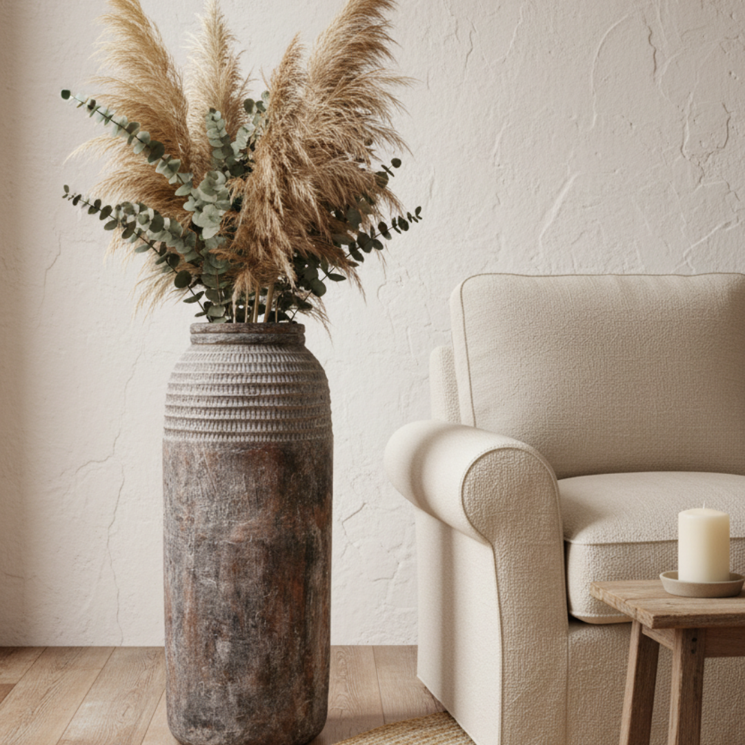 all rustic textured floor vase in aged charcoal and brown tones styled in a warm rustic living room corner with dried pampas grass, linen armchair and jute rug — handcrafted decorative floor vase by Azure Decor