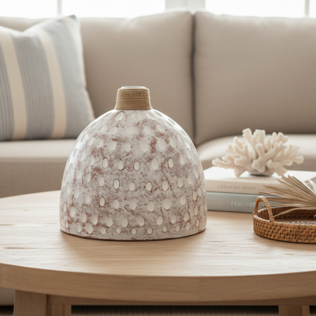 Dome-shaped pot with white wash finish and raised oval dots on a timber coffee table styled with dried botanicals