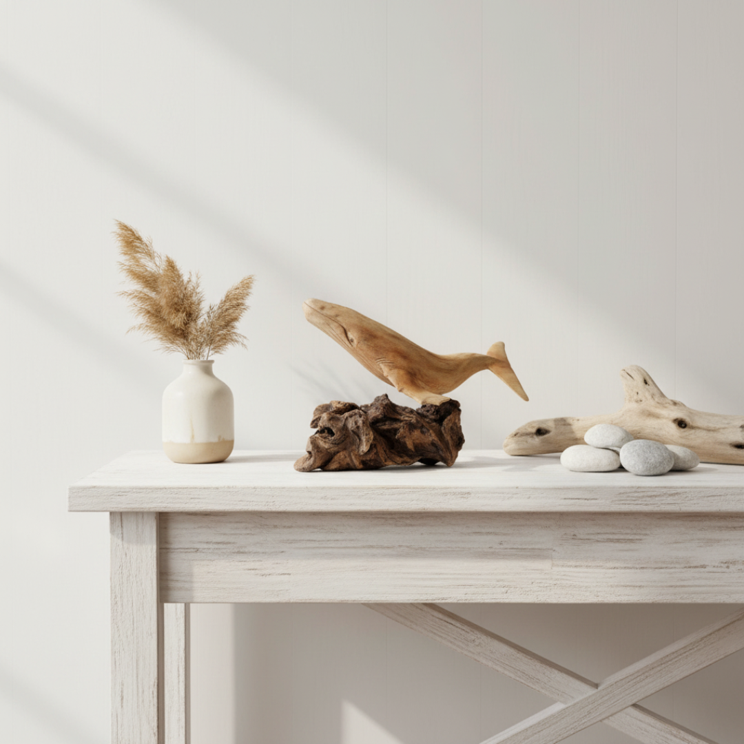 Handcrafted wooden humpback whale sculpture on a natural driftwood base, styled on a whitewashed timber hallway table with dried pampas grass in a ceramic vase and smooth coastal stones