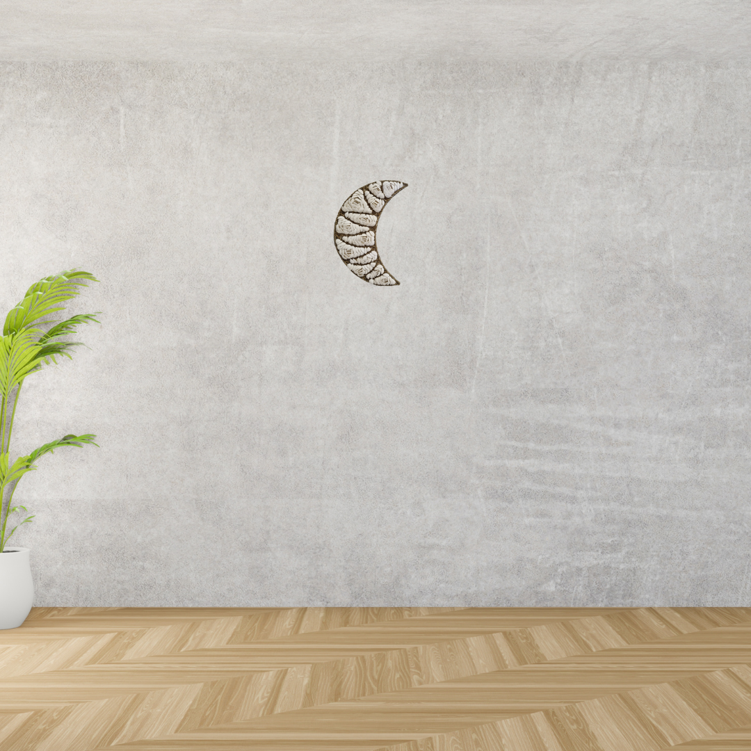 Decorative wall clock shaped like a crescent moon on a textured wall with a plant.