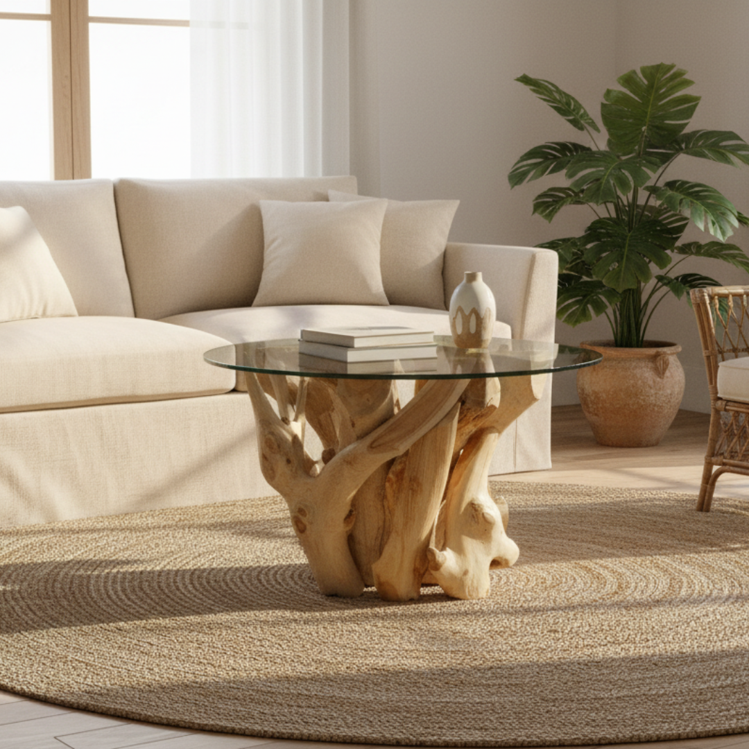 Teak root coffee table with sculptural bleached natural root base and round tempered glass top styled as a centrepiece in a warm coastal living room with linen sofa, jute rug, rattan armchair, and tropical greenery