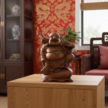 Laughing Buddha Wooden Statue styled on a timber side table in a warm living room setting
