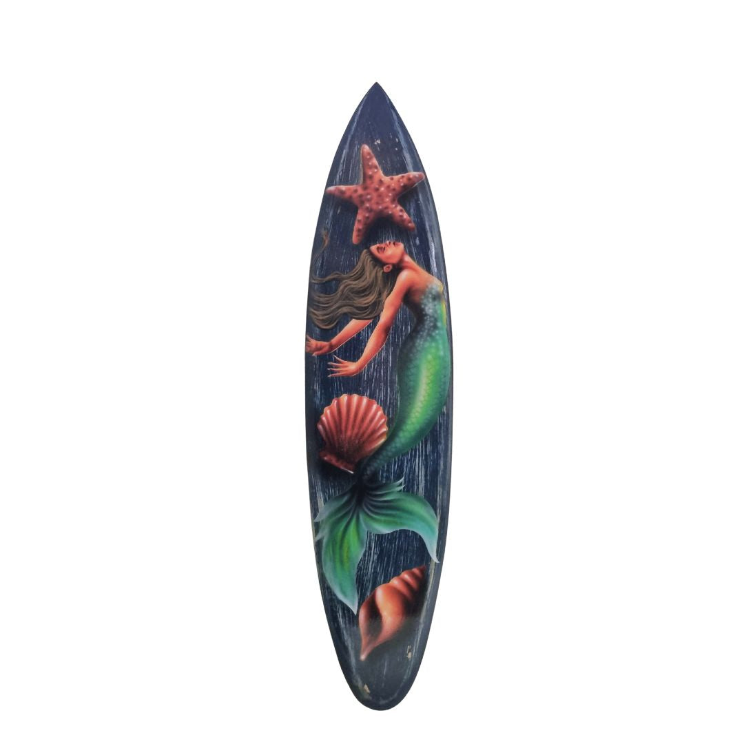 Decorative surfboard with a mermaid design on a white background