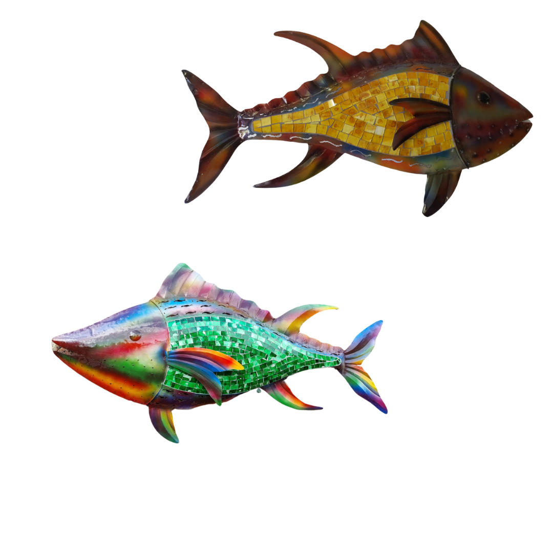 Two decorative fish sculptures on a white background