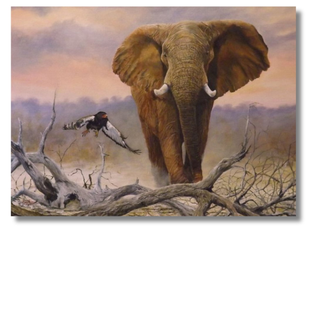 Elephant canvas painting on a white wall 