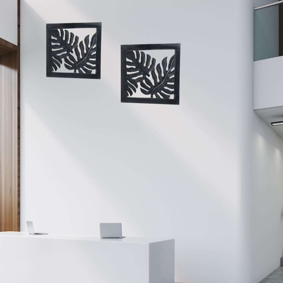 Black Fern Wall Art displayed in a modern home office interior on a white wall, showing botanical styling.