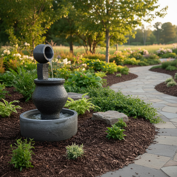 Water Fountain Pot of Tranquility Dark textured set in a mulched garden bed beside a curving stone path.