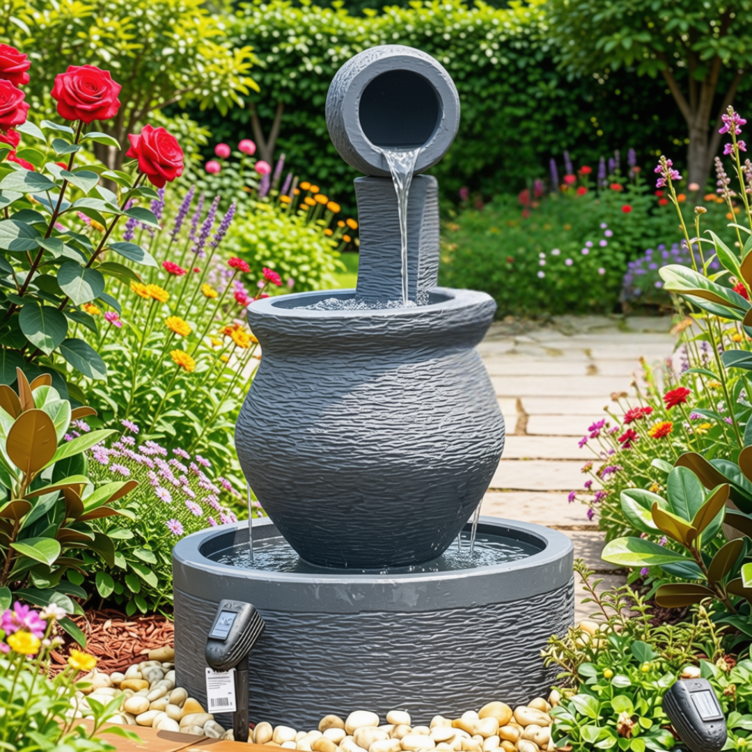 Garden display with mulch, white stones and leafy plants.painted gray 