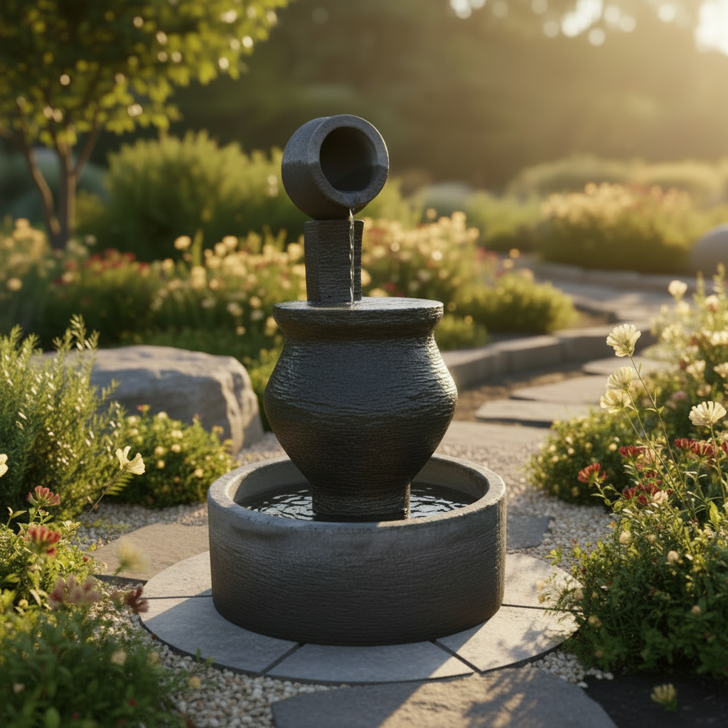 Water_Fountain_Pot_of_Tranquility A dark gray concrete tiered garden fountain with water flowing from a top bowl into a round basin, set in a sunlit landscaped garden with plants and a stone path.