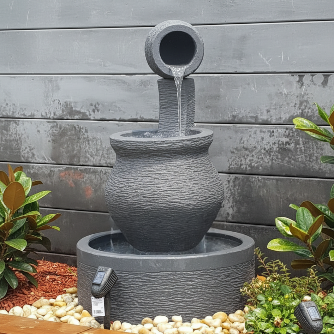 Concrete grey water fountain with a round basin and flowing water. painted in gray 