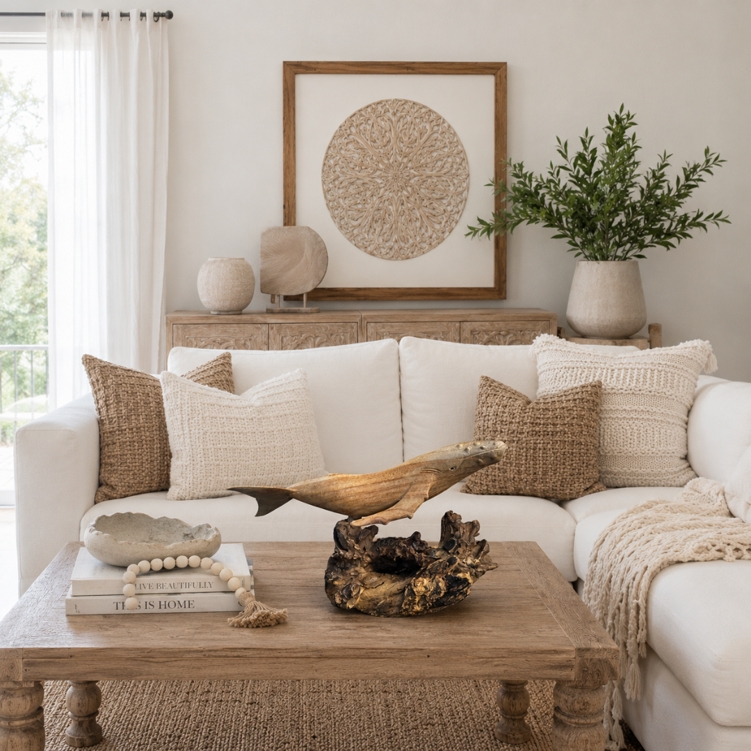 Hand-carved wooden humpback whale sculpture on a driftwood base displayed on a rustic timber coffee table in a bright coastal living room with white sectional sofa, woven jute cushions, and a carved Balinese wall panel