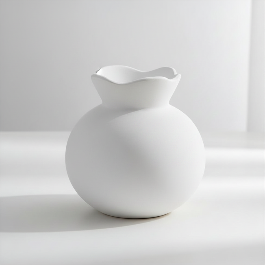 White Harmony Terracotta Vase displayed on a white shelf against a white background