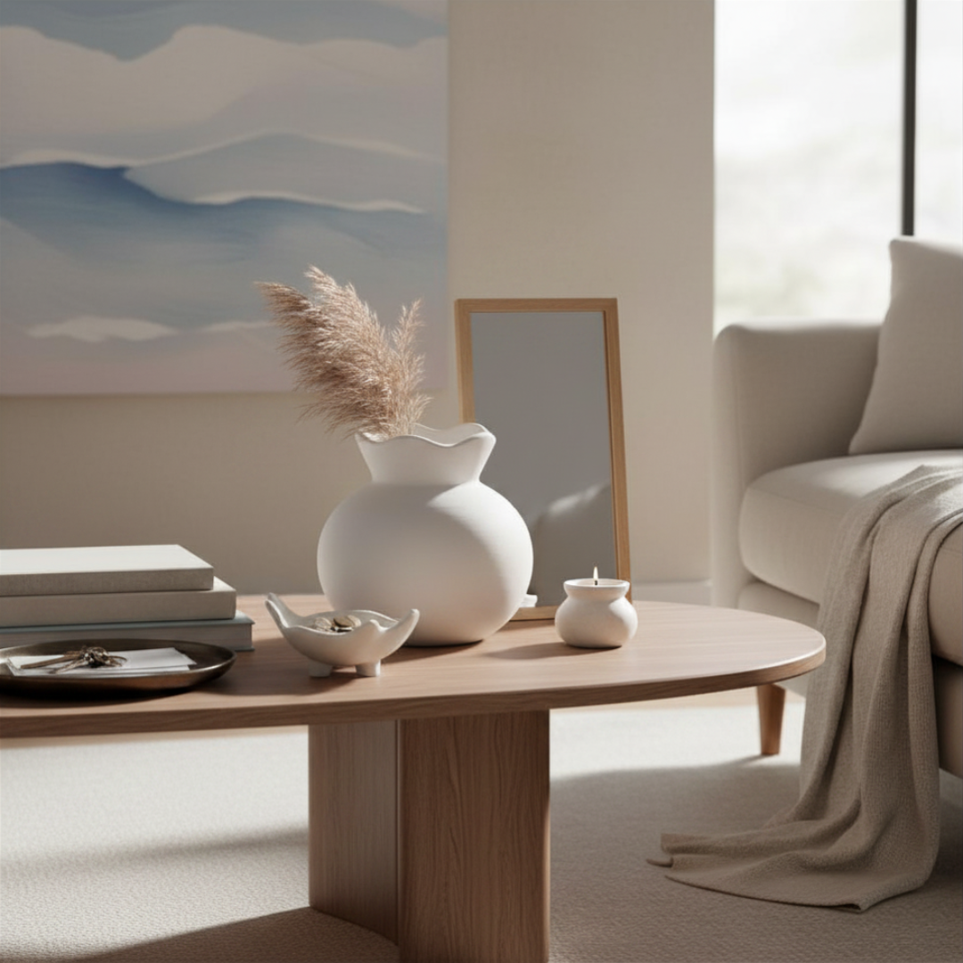 Modern living room styled with a wooden coffee table, white vase, and stacked books