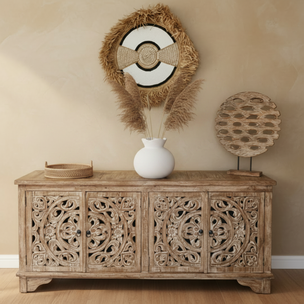 Decorative timber cabinet with carved detailing, a white vase with dried stems, and wall plates