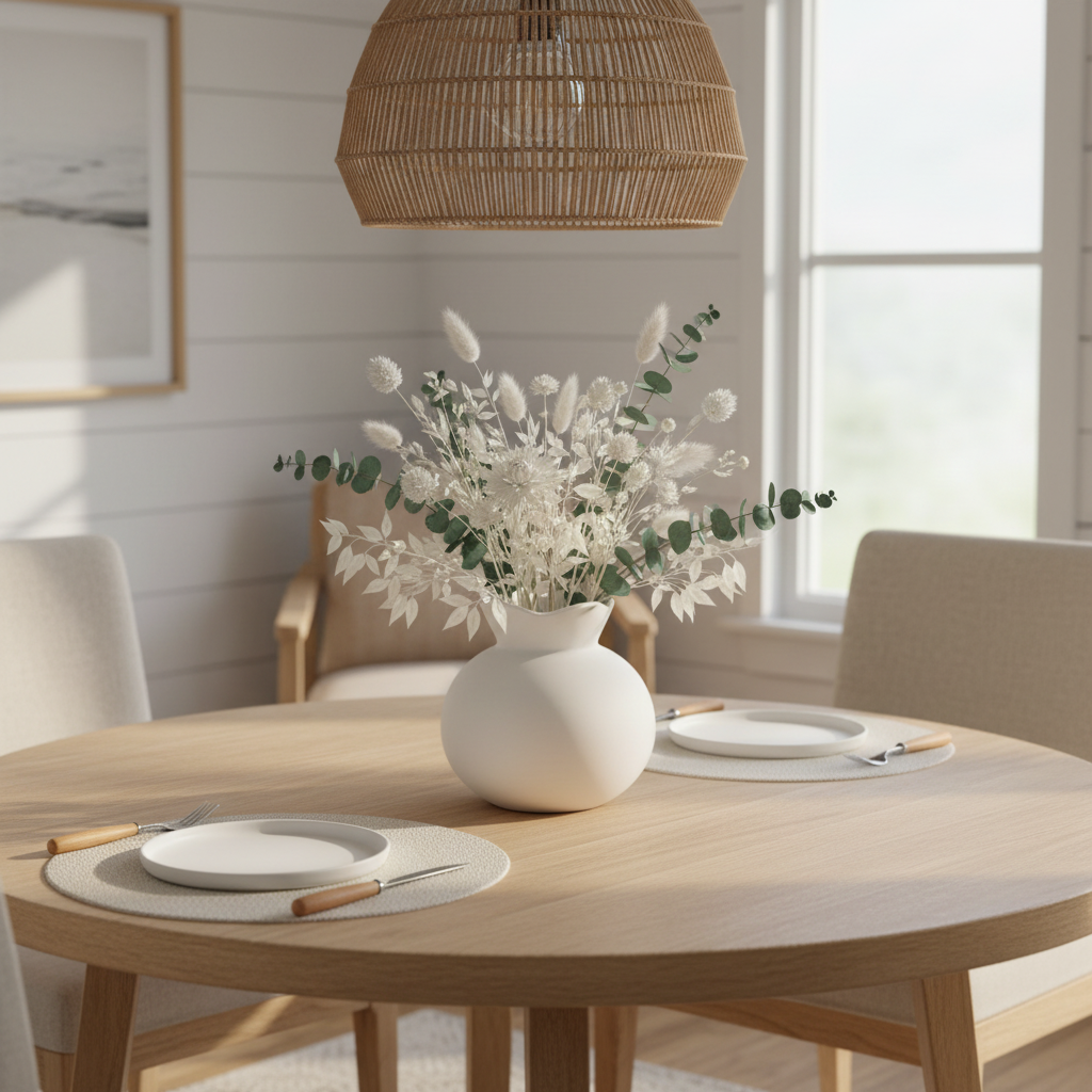 Dining table styled with a white vase of flowers and place settings in a bright room