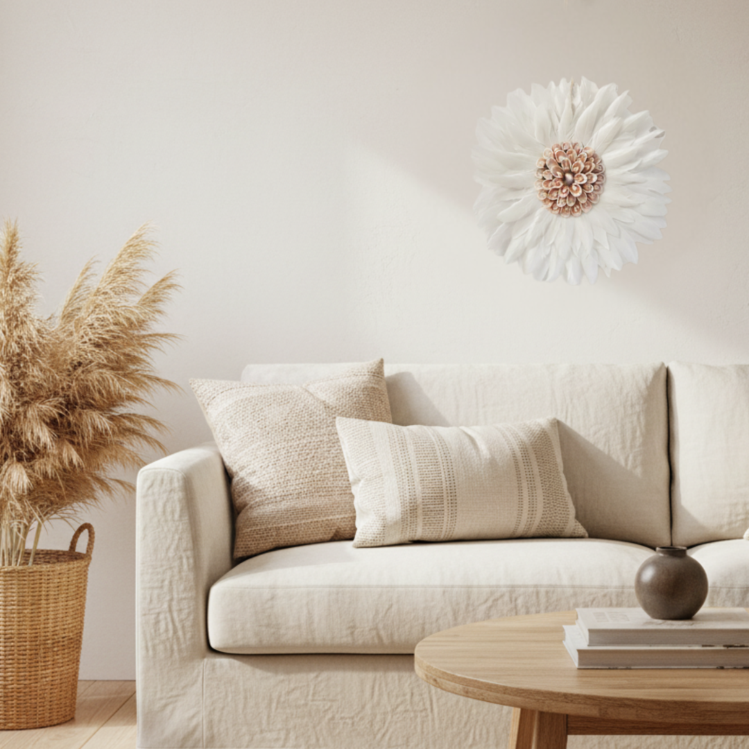 Round white feather wall hanging with pink shell centre displayed above a cream linen sofa in a bright minimal living room with pampas grass in a wicker basket and a timber coffee table