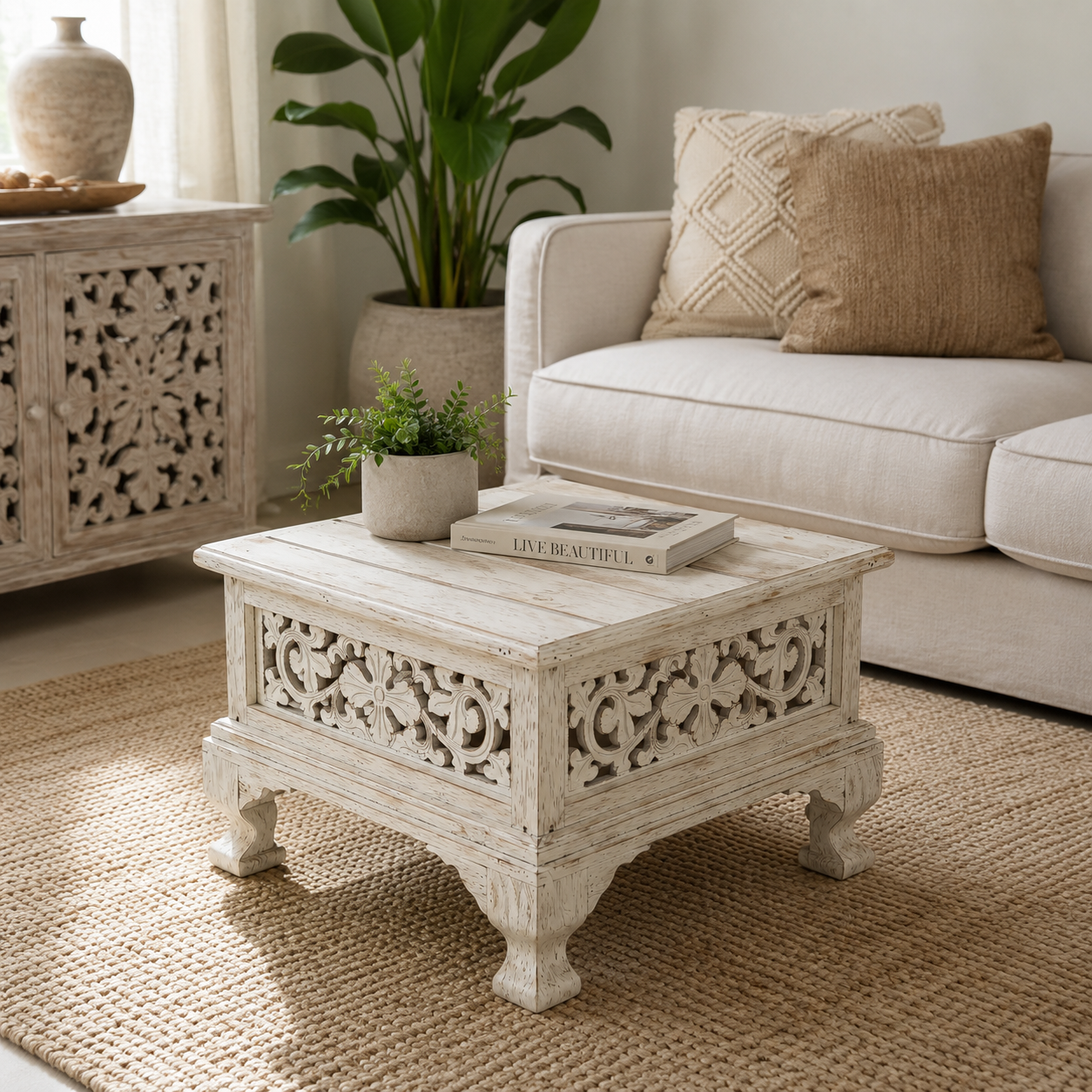 Distressed white carved wooden coffee table with ornate scrollwork styled in a bright coastal living room beside a cream sofa and potted plant