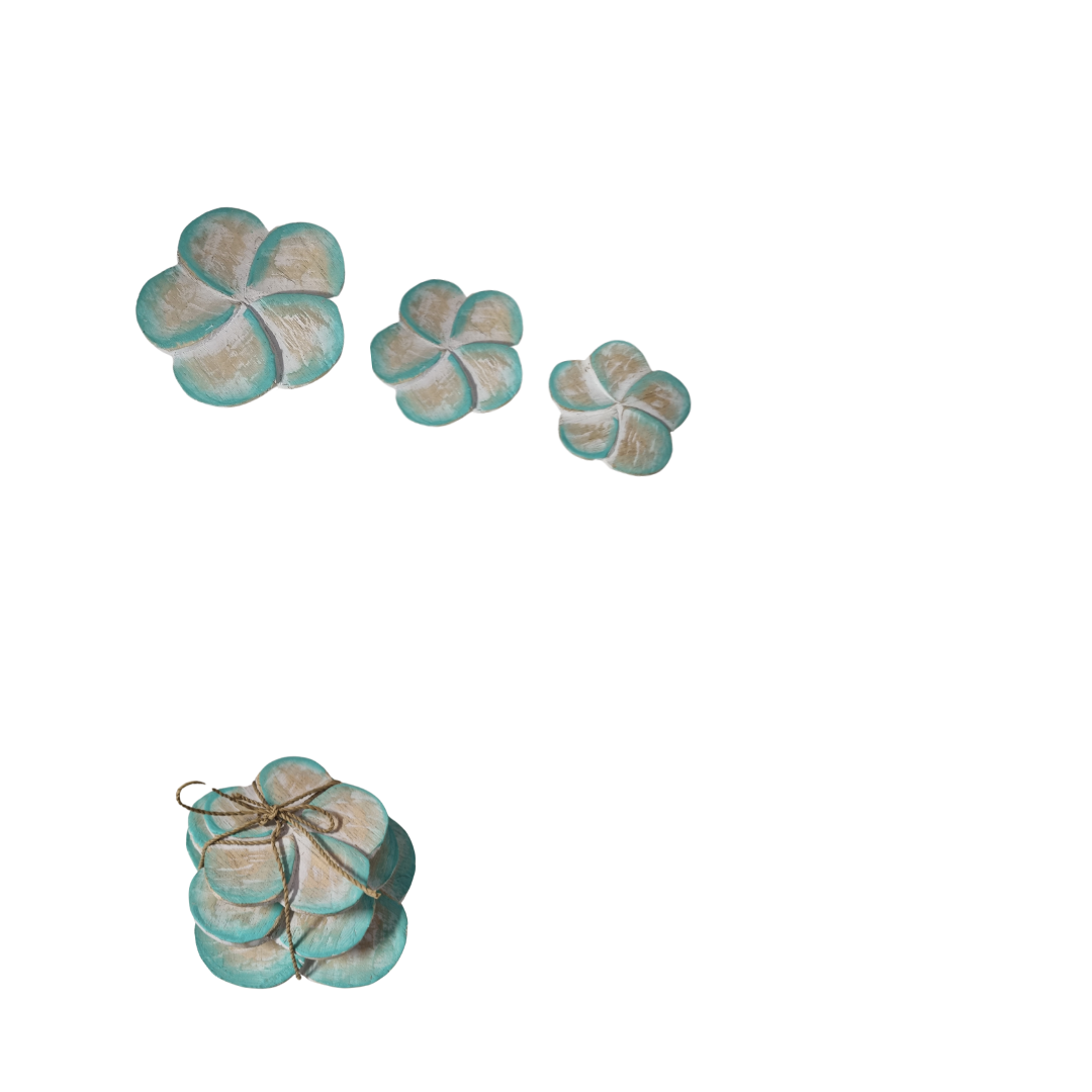 Wooden Daisy Flower close-up – turquoise hand painted finish showing wood grain and carved petal detail
