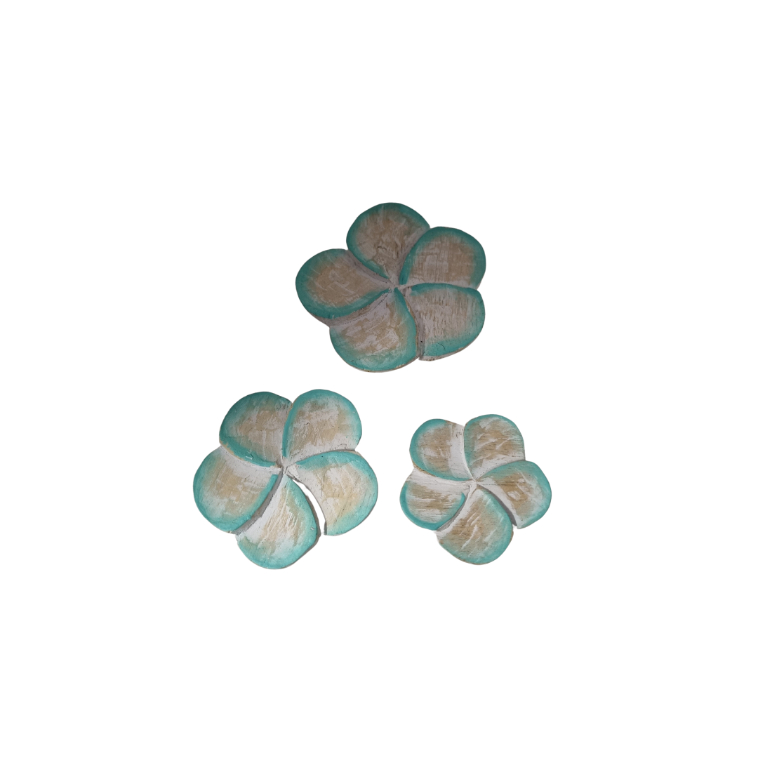 Wooden Daisy Flower Bundles Set of 3 – turquoise finish displayed open showing hand painted wood grain and petal detail


