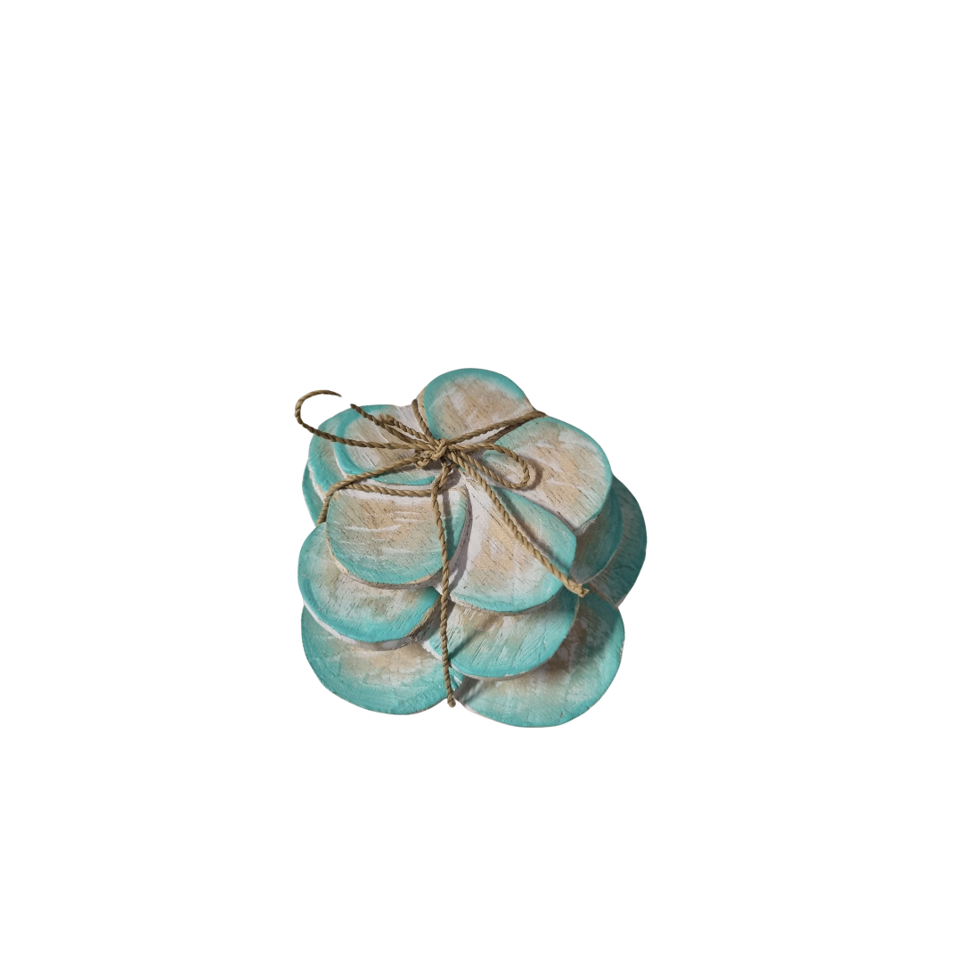 Wooden Daisy Flower Bundles Set of 3 – turquoise finish with size comparison and jute twine bundle, coastal boho decor