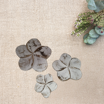 Wooden Daisy Flower Bundles Set of 3 – whitewash finish styled on linen with eucalyptus, three sizes