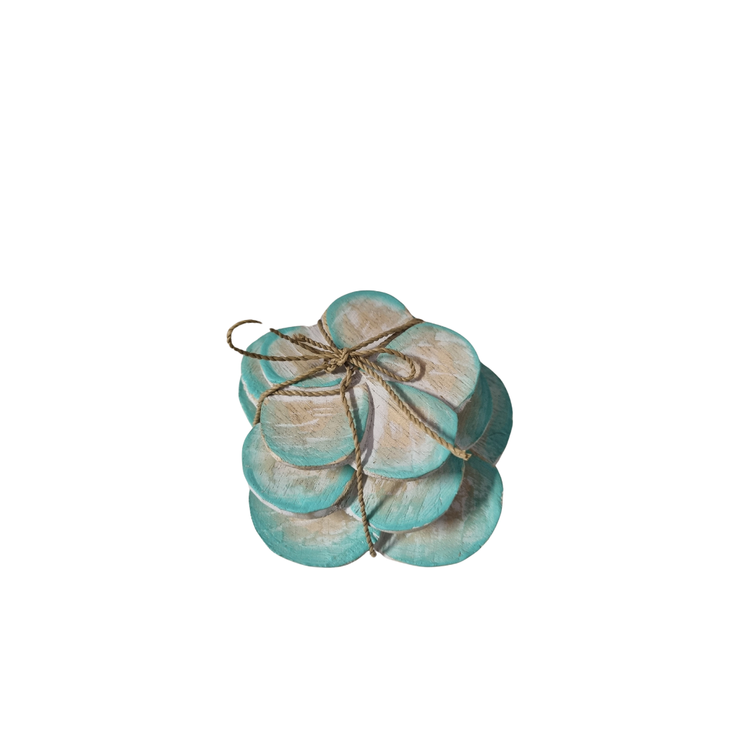 Wooden Daisy Flower Bundles Set of 3 – turquoise finish stacked and tied with jute twine, coastal boho decor