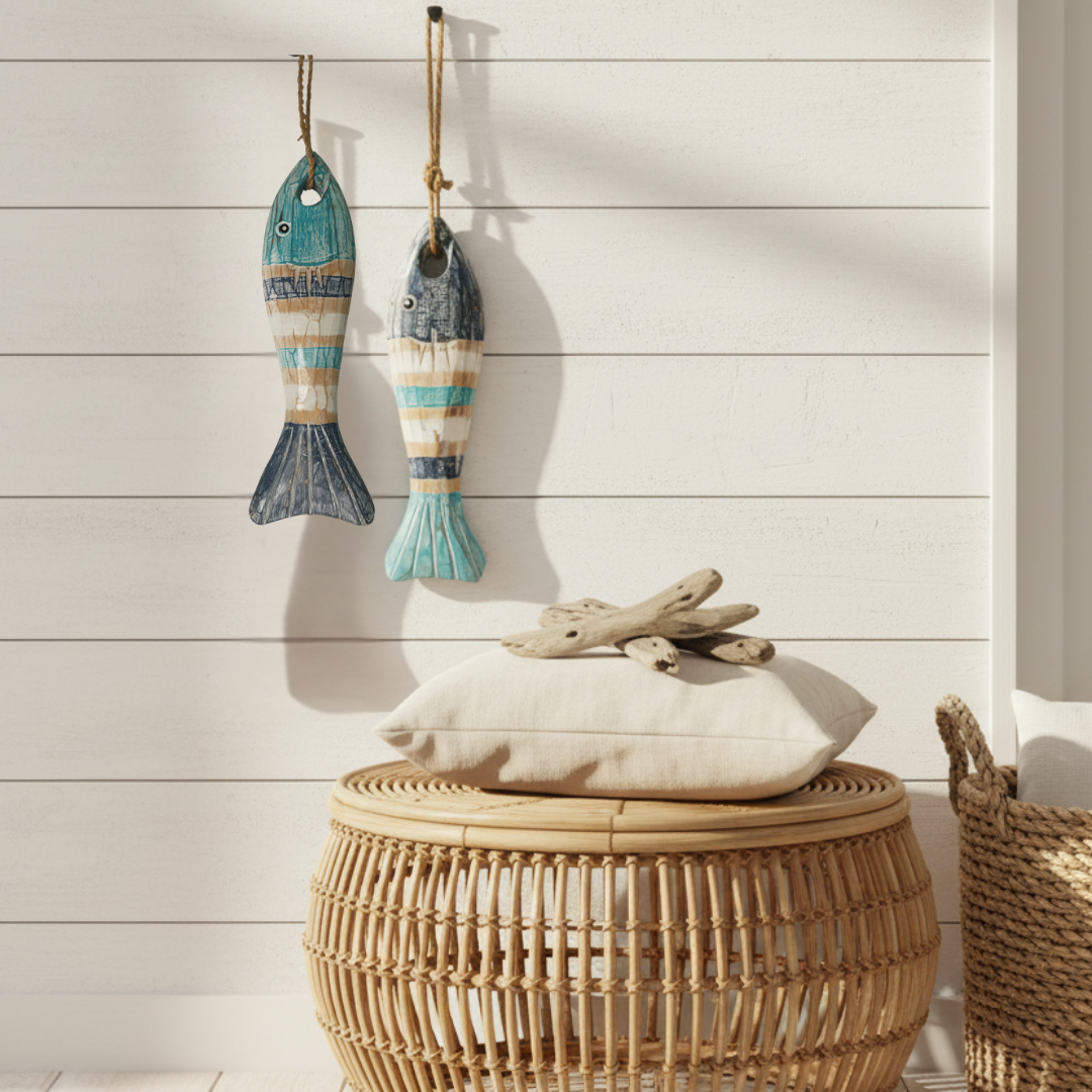 Pair of striped teal and navy hand-carved fish hanging on a white shiplap wall, styled with a rattan table, driftwood, and woven basket
