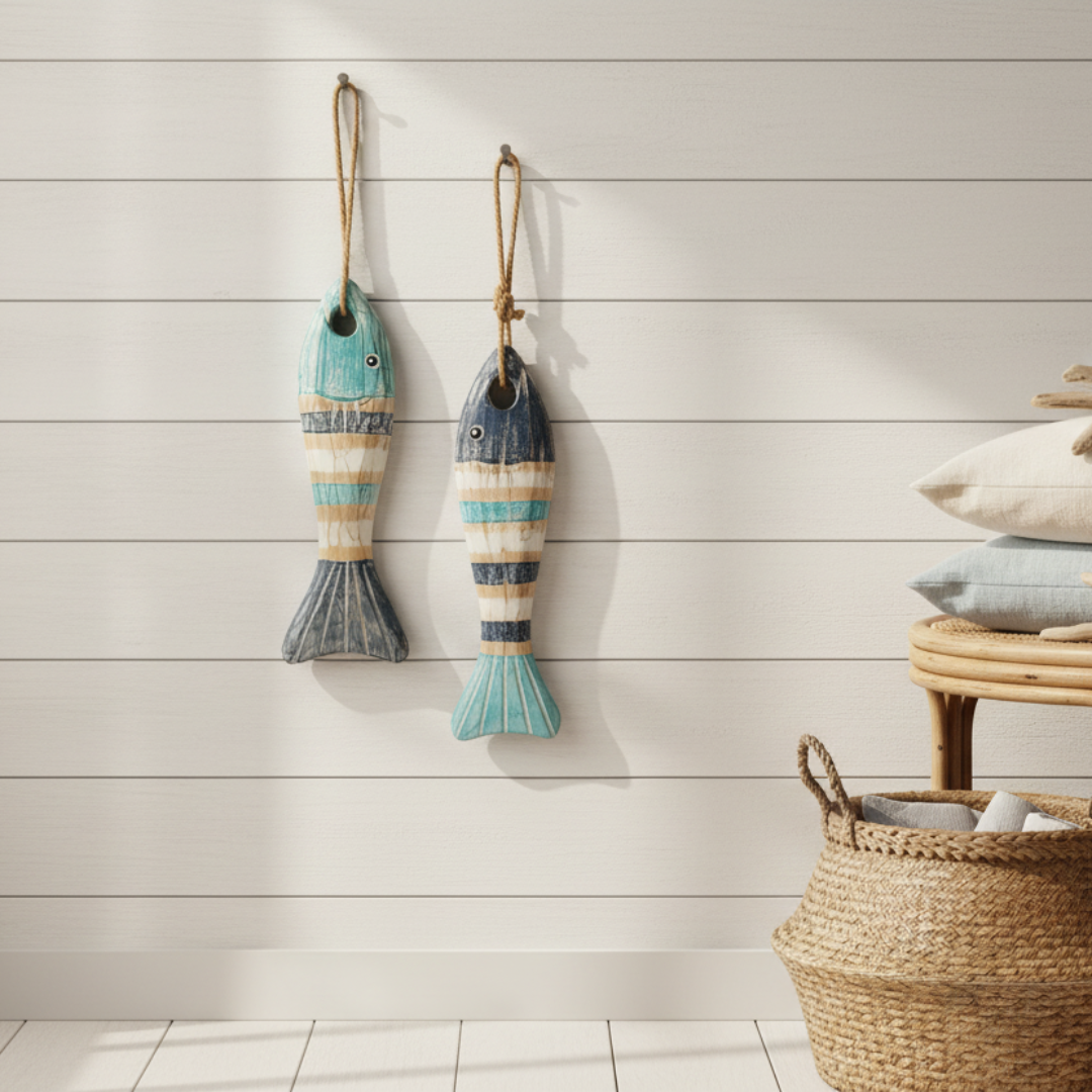 Two striped painted fish ornaments on jute