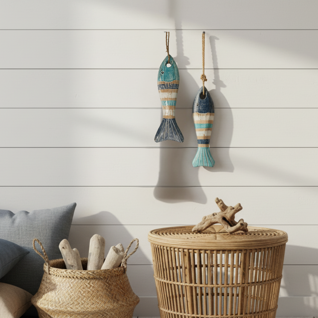 Two decorative fish wall hangings in blue, teal, and cream stripes hang on a white shiplap wall above a woven basket and wicker side table in a styled interior setting.